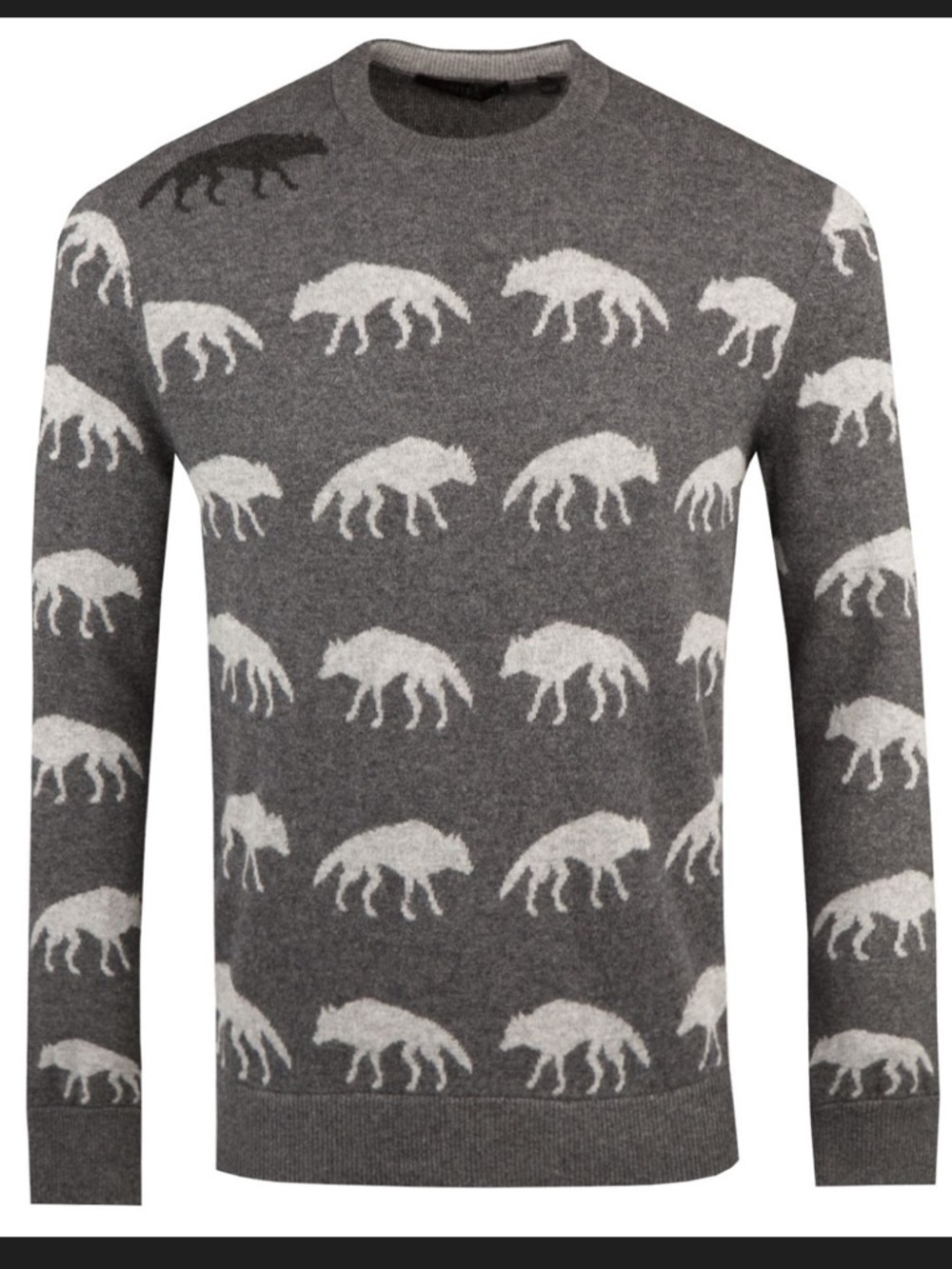 Greyson Men’s In The Shadows Alpha Wolf Motif Cashmere Wool Ghost Gray Sweater L